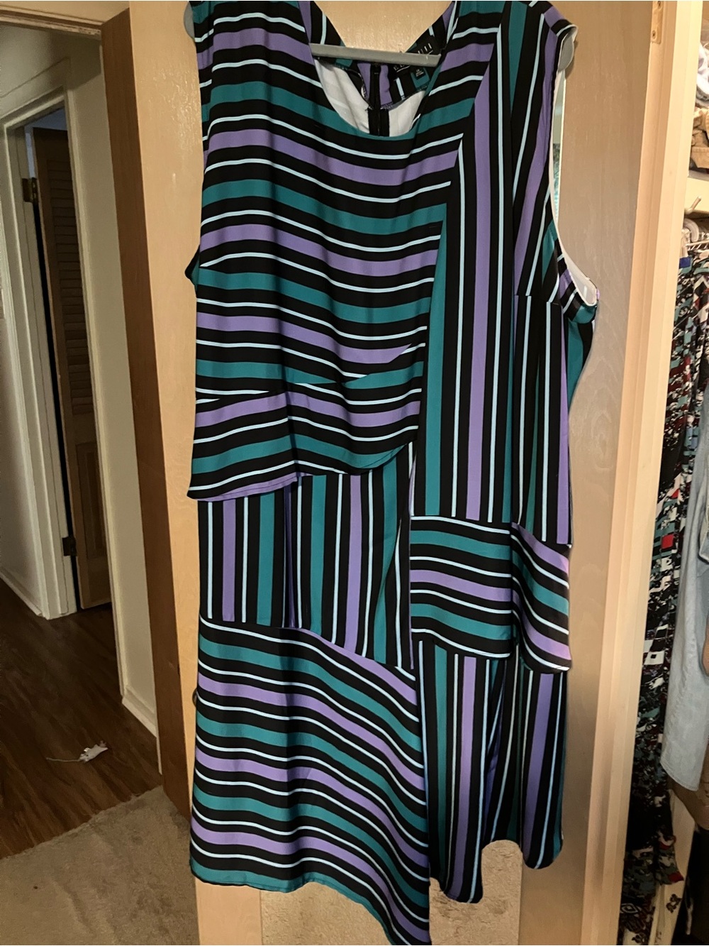 Eloquii Sleeveless Asymmetrical Striped Dress in Teal, Black & Lavender